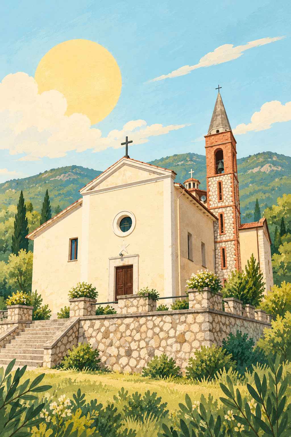 Illustrazione stilizzata della chiesa parrocchiale di San Magno, con campanile e montagne sullo sfondo